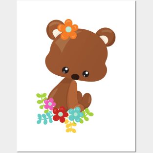 Spring Animals, Cute Bear, Little Bear, Flowers Posters and Art